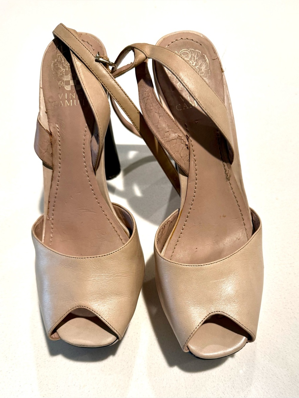 Vince Camuto Taupe Open-Toe Slingback Heels